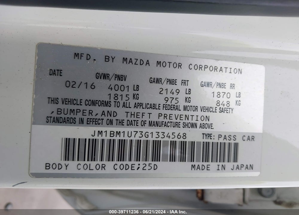 2016 MAZDA 3 I SPORT VIN: JM1BM1U73G1334568