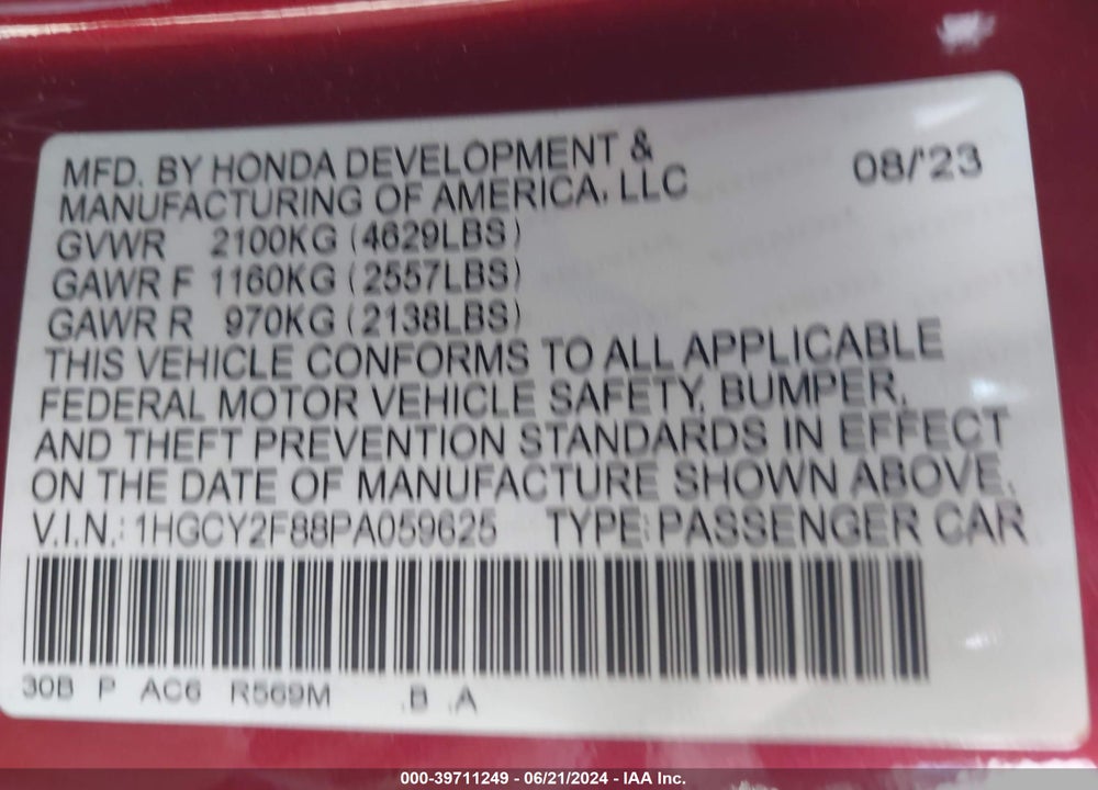 2023 HONDA ACCORD HYBRID TOURING VIN: 1HGCY2F88PA059625