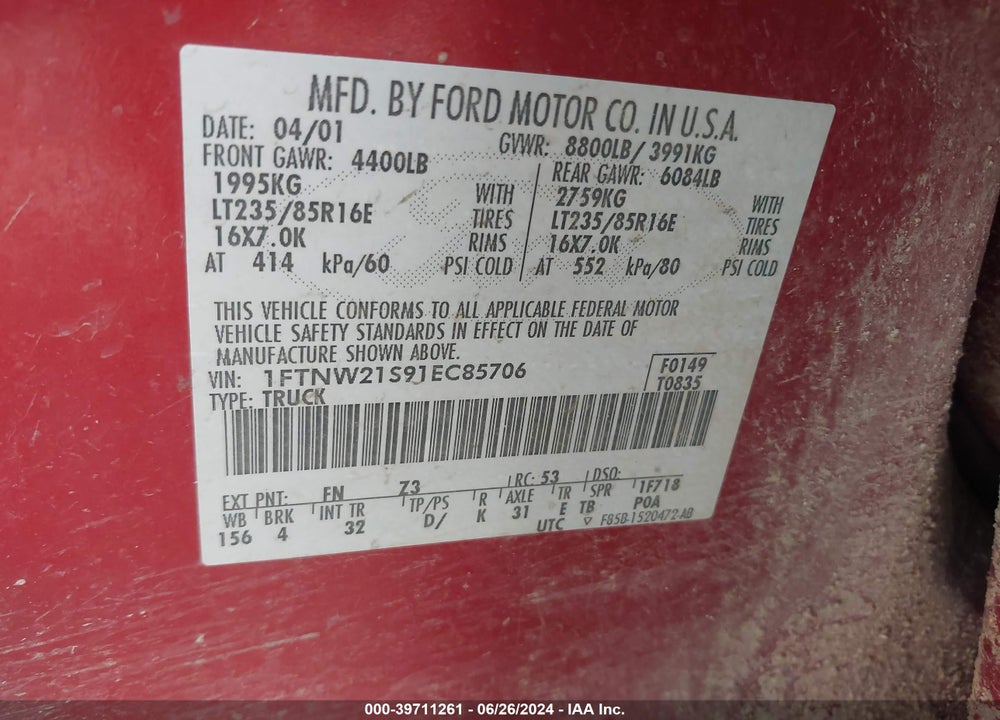 2001 FORD F-250 LARIAT/XL/XLT VIN: 1FTNW21S91EC85706