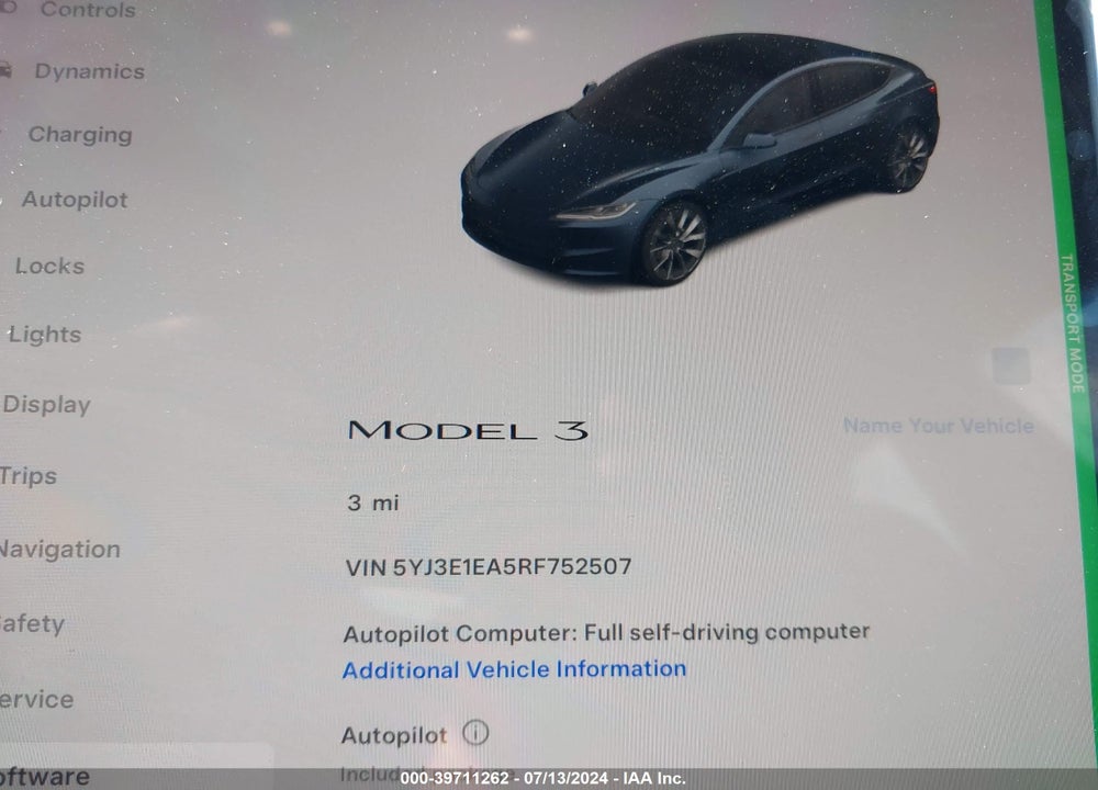 2024 TESLA MODEL 3 REAR-WHEEL DRIVE VIN: 5YJ3E1EA5RF752507
