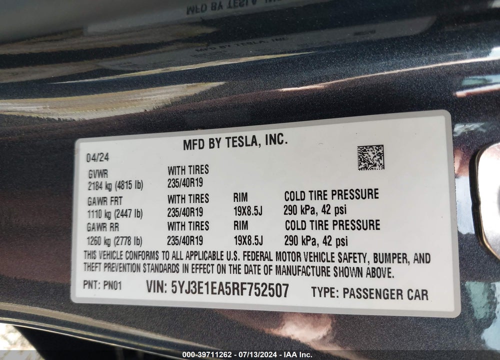 2024 TESLA MODEL 3 REAR-WHEEL DRIVE VIN: 5YJ3E1EA5RF752507