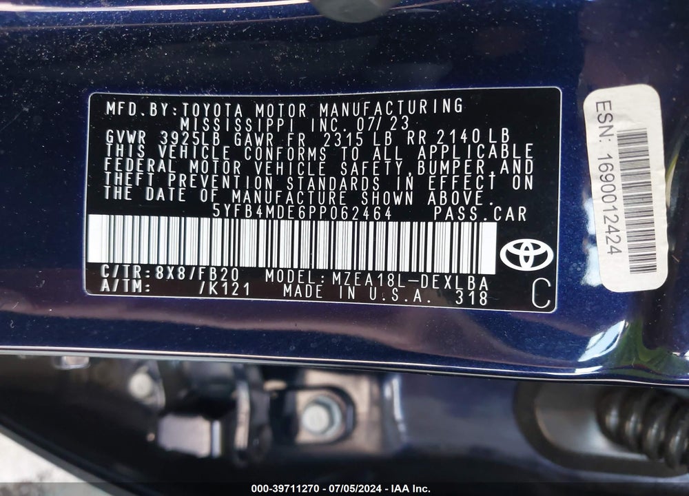 2023 TOYOTA COROLLA LE VIN: 5YFB4MDE6PP062464
