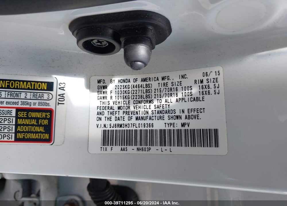 2015 HONDA CR-V LX VIN: 5J6RM3H37FL019366