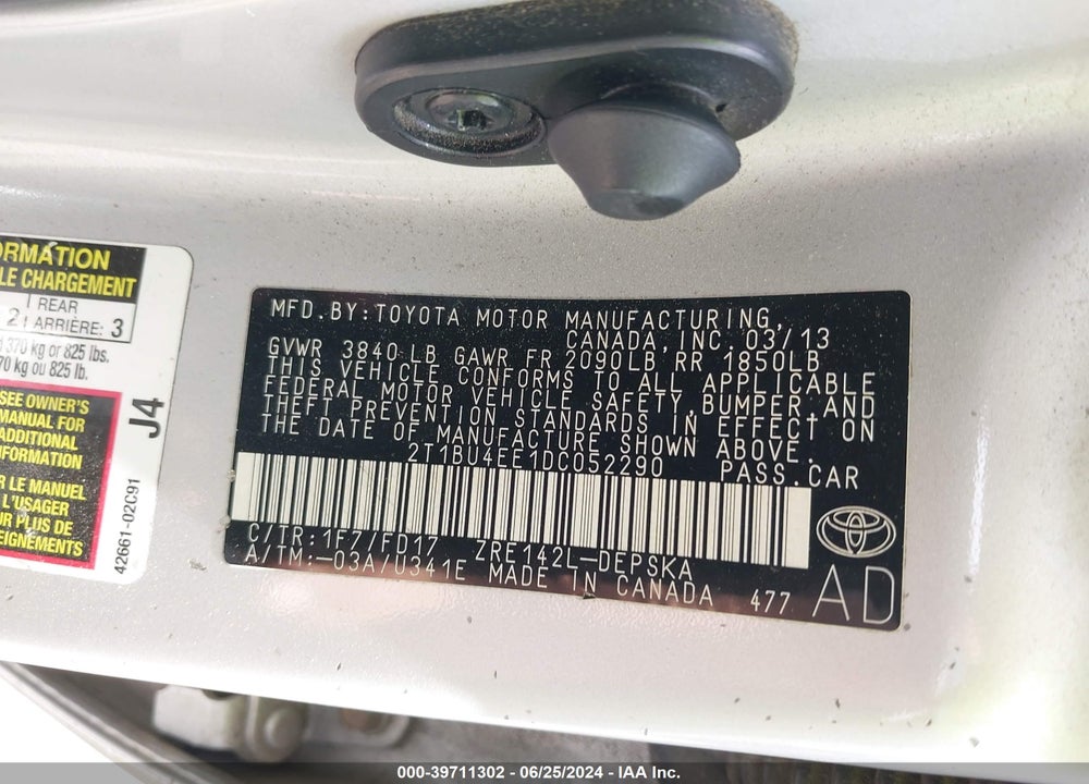 2013 TOYOTA COROLLA S VIN: 2T1BU4EE1DC052290