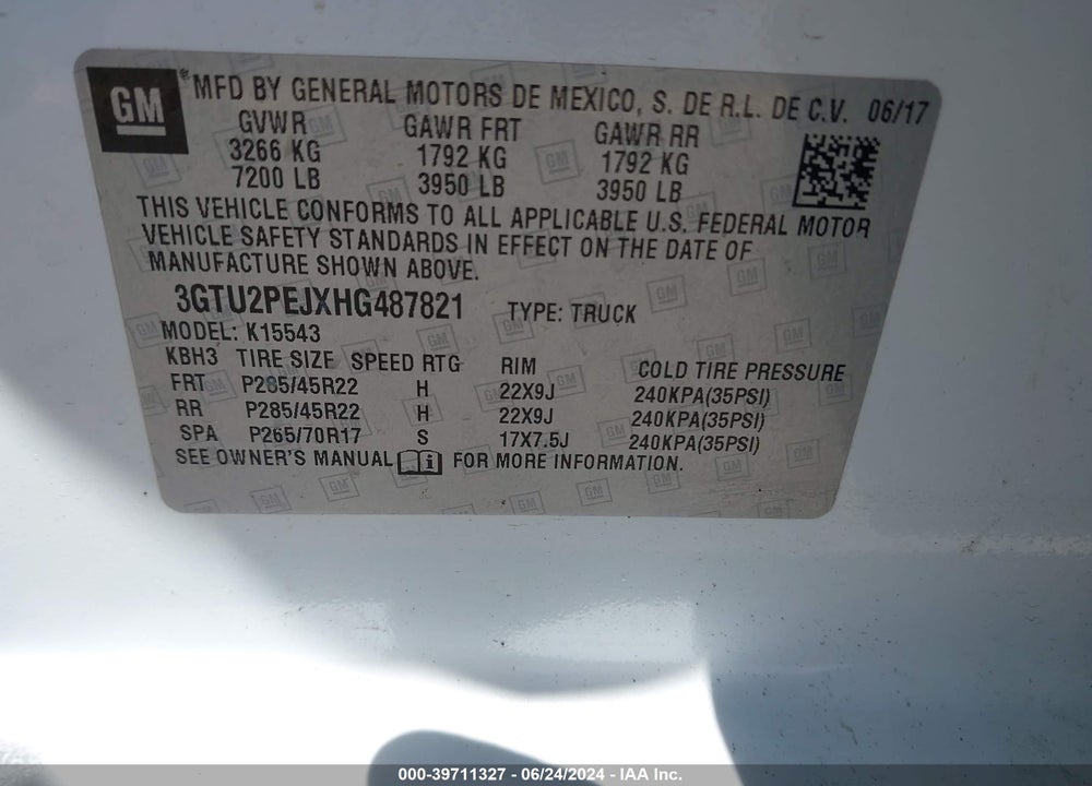 2017 GMC SIERRA 1500 DENALI VIN: 3GTU2PEJXHG487821
