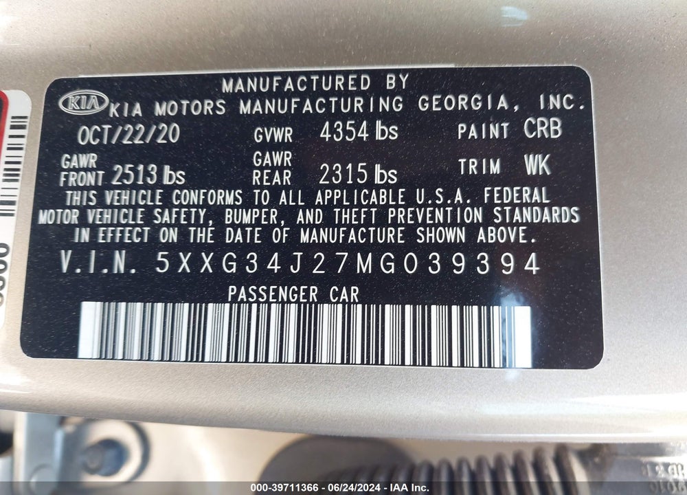 2021 KIA K5 EX VIN: 5XXG34J27MG039394