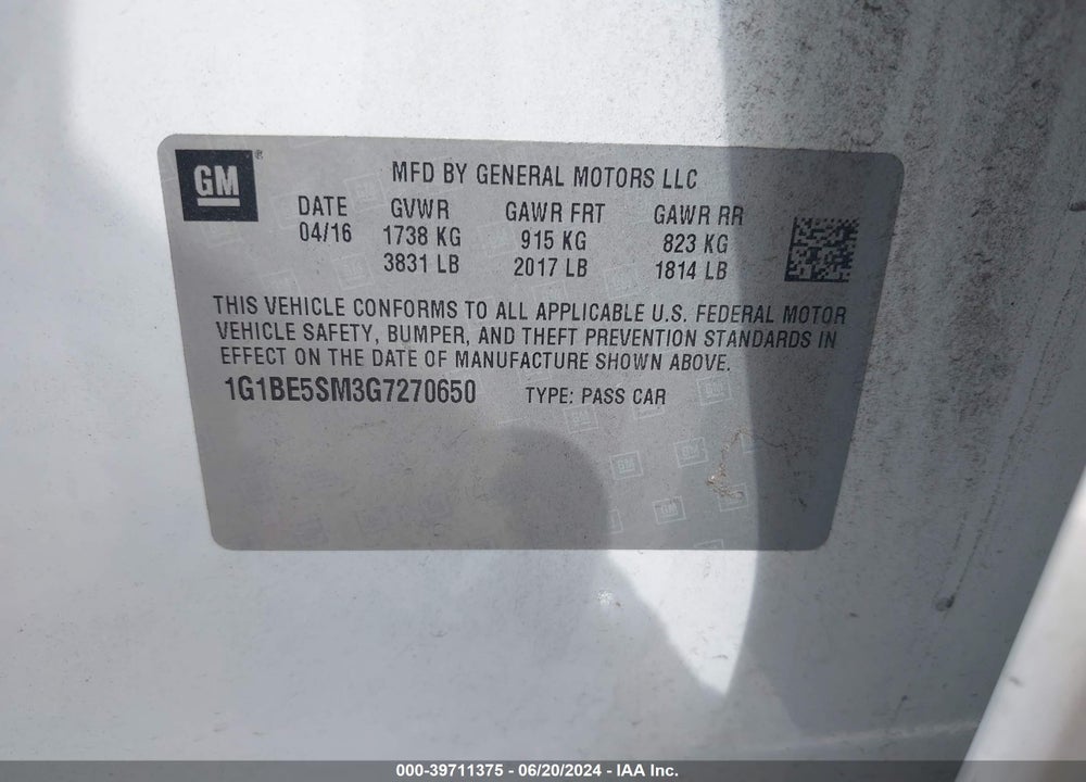 2016 CHEVROLET CRUZE LT AUTO VIN: 1G1BE5SM3G7270650