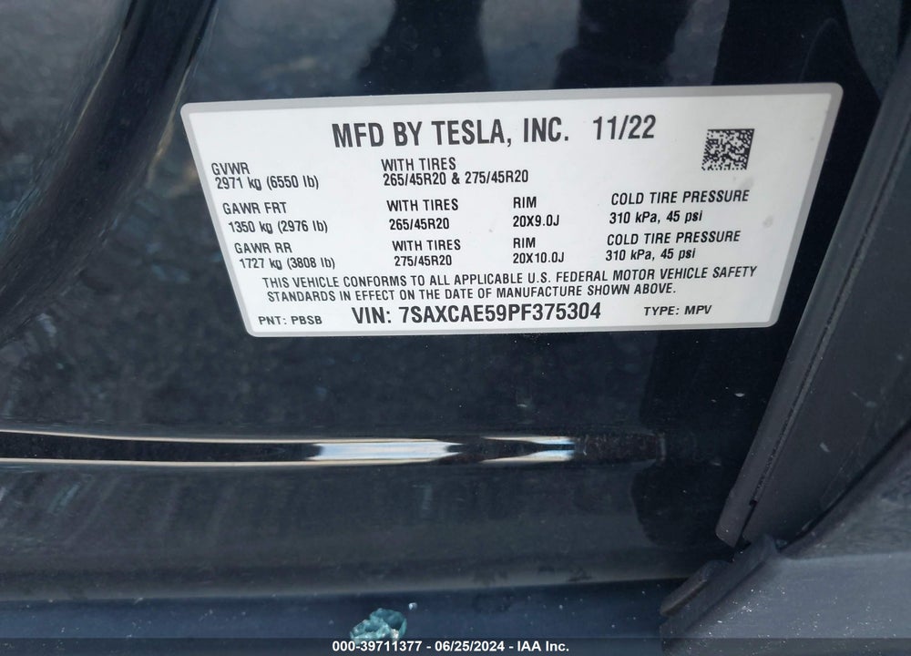 2023 TESLA MODEL X DUAL MOTOR ALL-WHEEL DRIVE/STANDARD RANGE VIN: 7SAXCAE59PF375304