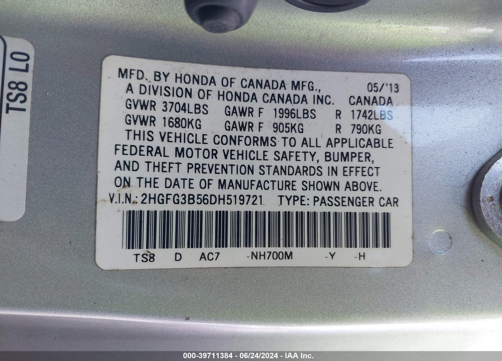 2013 HONDA CIVIC LX VIN: 2HGFG3B56DH519721