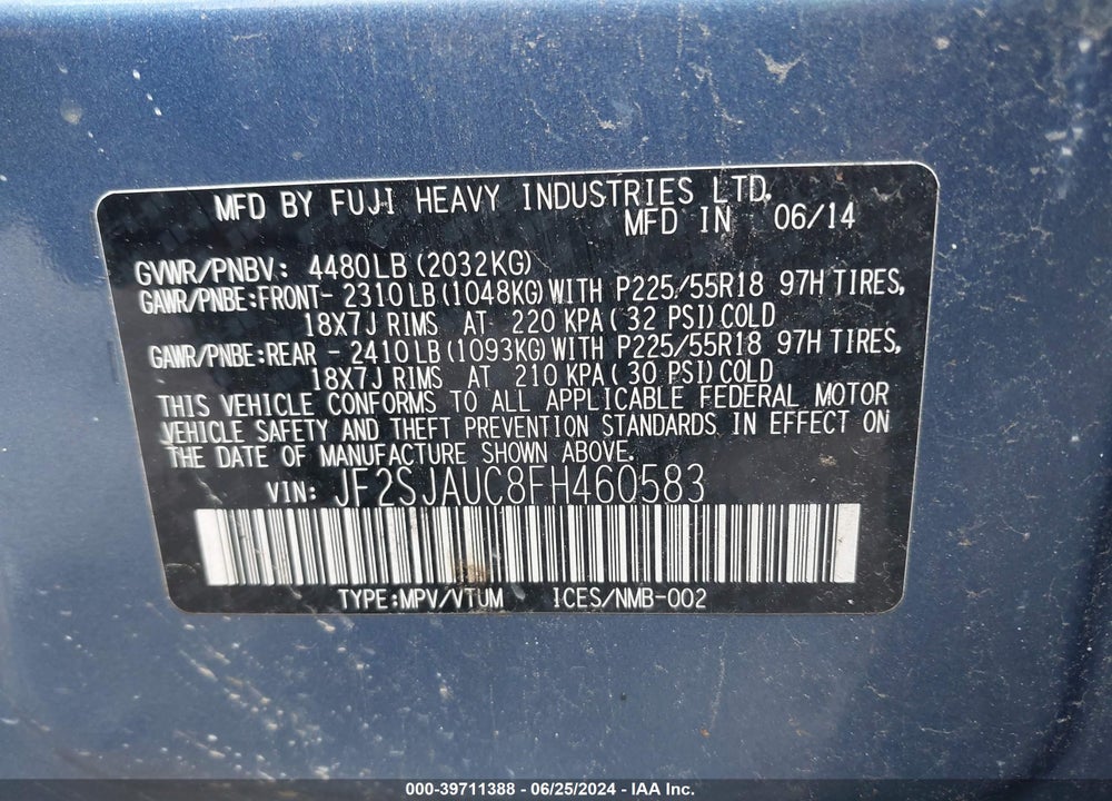 2015 SUBARU FORESTER 2.5I TOURING VIN: JF2SJAUC8FH460583