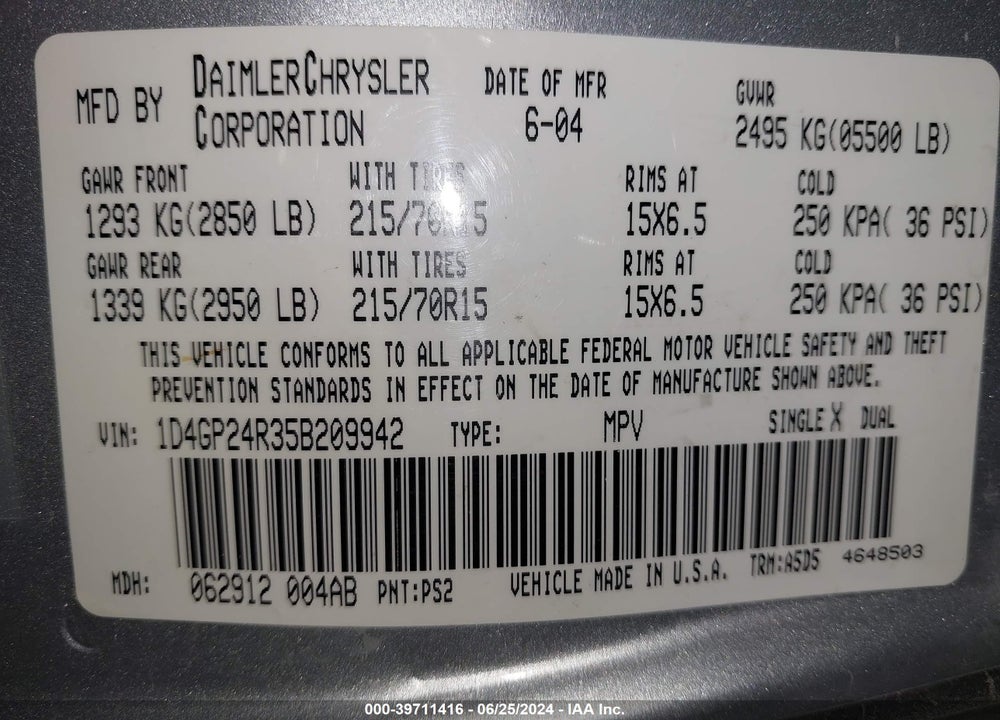 2005 DODGE GRAND CARAVAN SE VIN: 1D4GP24R35B209942