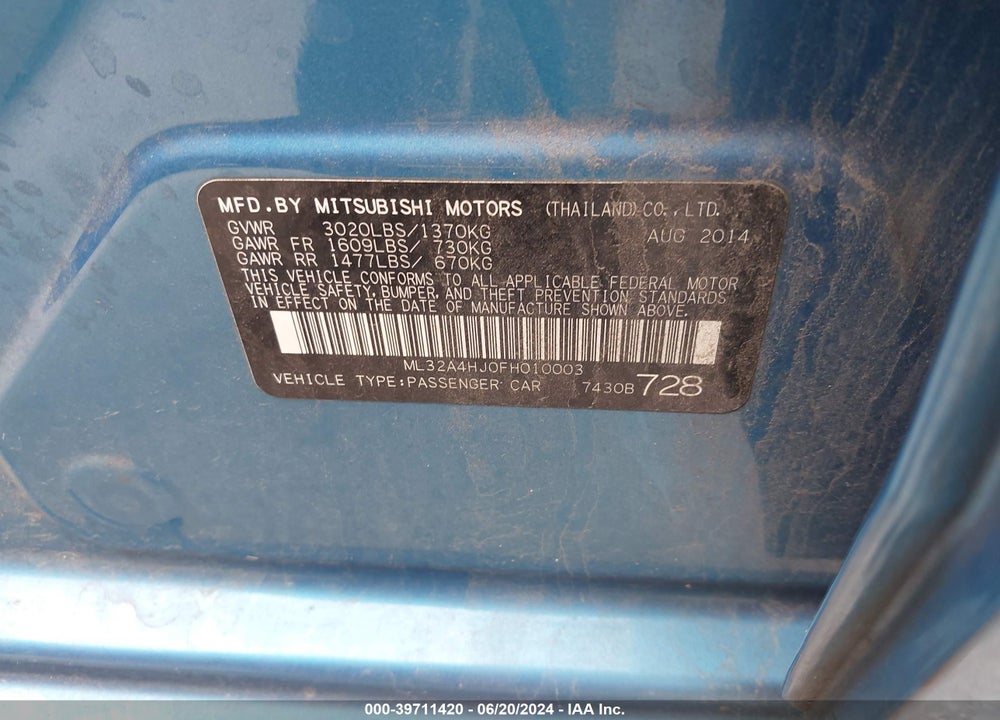 2015 MITSUBISHI MIRAGE ES VIN: ML32A4HJ0FH010003