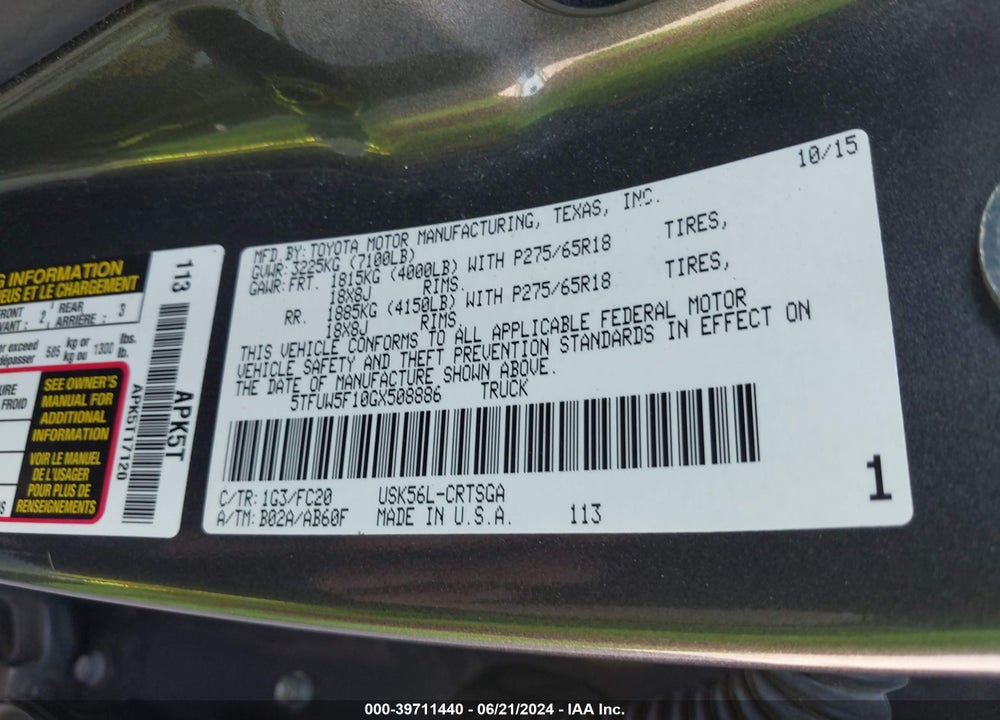 2016 TOYOTA TUNDRA SR5 5.7L V8 VIN: 5TFUW5F10GX508886