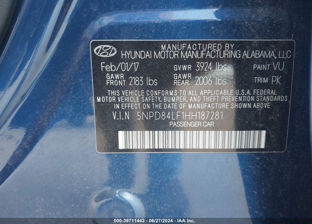 2017 HYUNDAI ELANTRA SE VIN: 5NPD84LF1HH187281