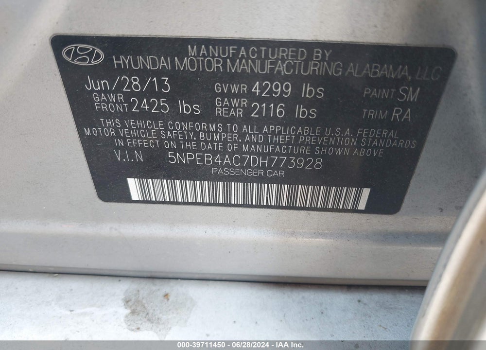 2013 HYUNDAI SONATA GLS VIN: 5NPEB4AC7DH773928