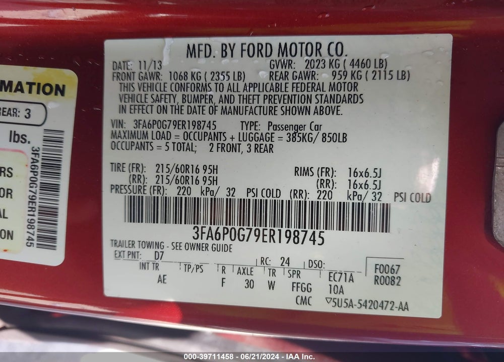 2014 FORD FUSION S VIN: 3FA6P0G79ER198745