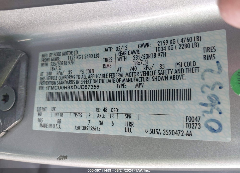2013 FORD ESCAPE SEL VIN: 1FMCU0H9XDUD67356