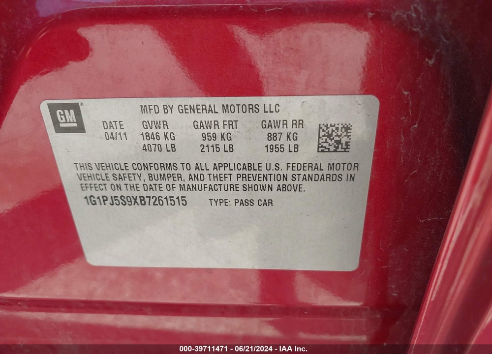 2011 CHEVROLET CRUZE ECO VIN: 1G1PJ5S9XB7261515