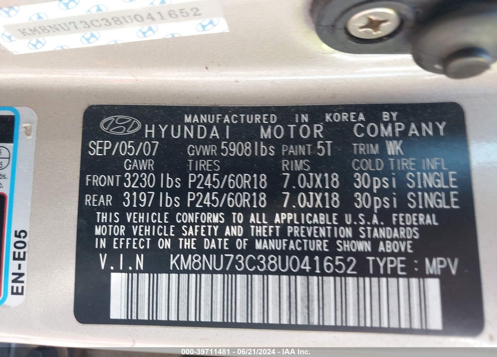 2008 HYUNDAI VERACRUZ GLS/LIMITED/SE VIN: KM8NU73C38U041652