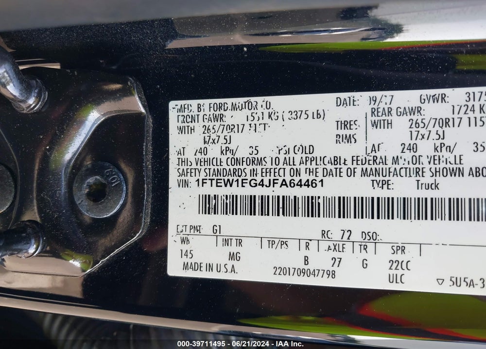 2018 FORD F-150 XLT VIN: 1FTEW1EG4JFA64461