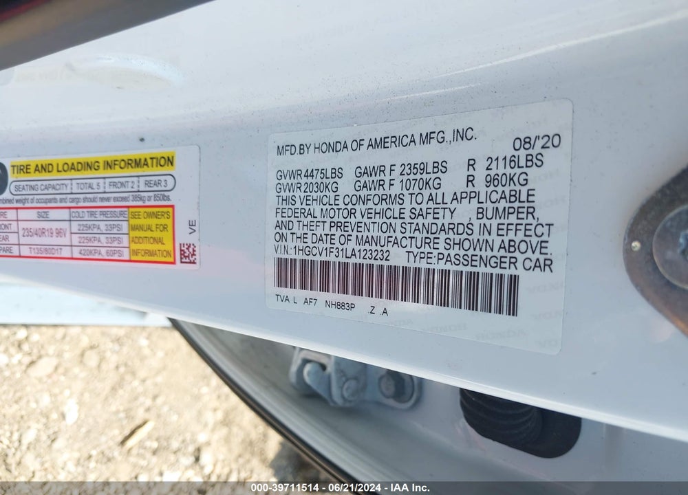 2020 HONDA ACCORD SPORT VIN: 1HGCV1F31LA123232