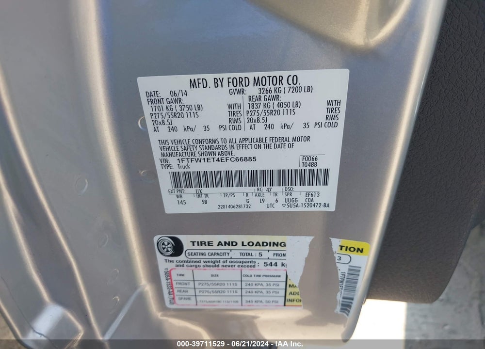 2014 FORD F-150 VIN: 1FTFW1ET4EFC66885