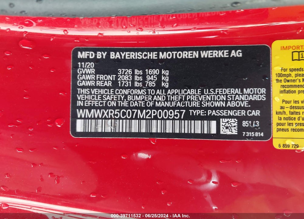 2021 MINI HARDTOP COOPER S VIN: WMWXR5C07M2P00957