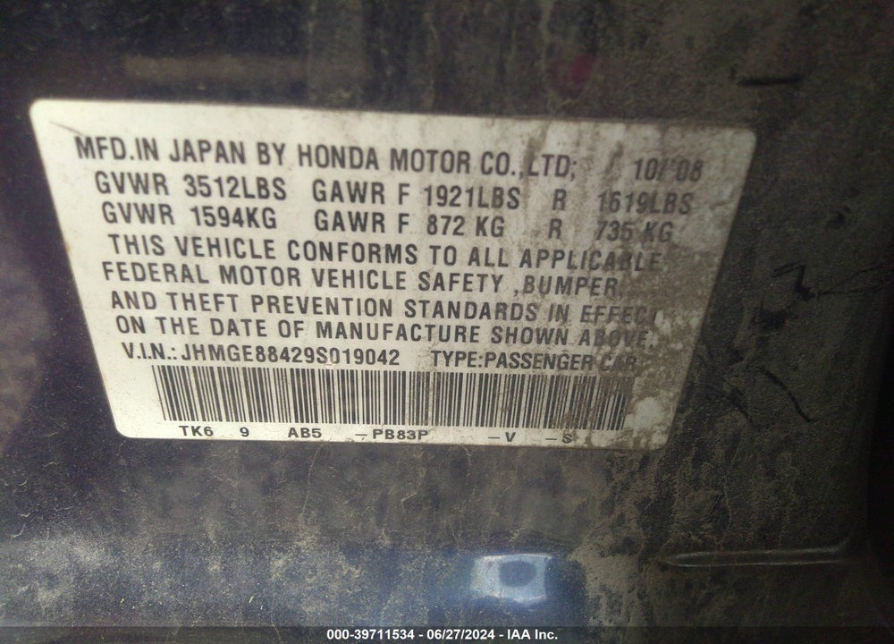 2009 HONDA FIT SPORT VIN: JHMGE88429S019042