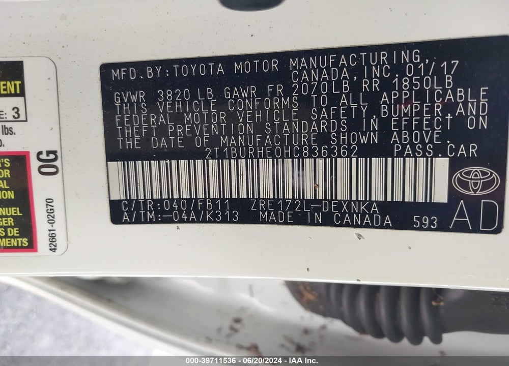 2017 TOYOTA COROLLA LE VIN: 2T1BURHE0HC836362