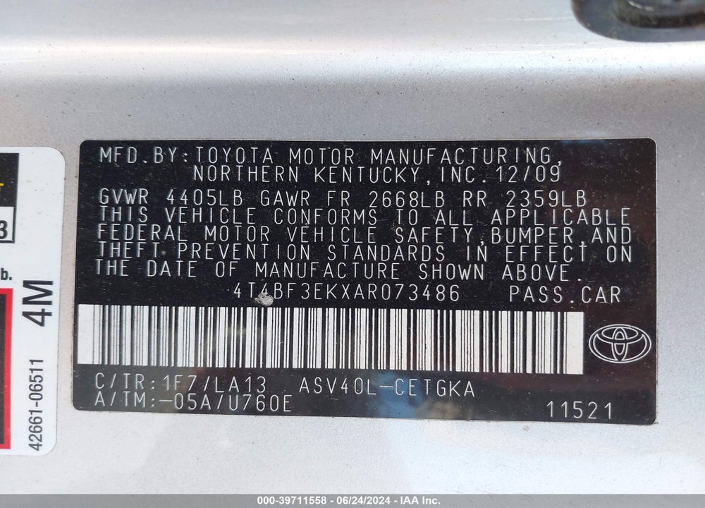 2010 TOYOTA CAMRY XLE VIN: 4T4BF3EKXAR073486