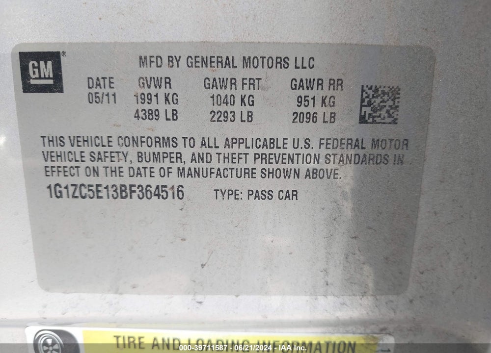 2011 CHEVROLET MALIBU 1LT VIN: 1G1ZC5E13BF364516