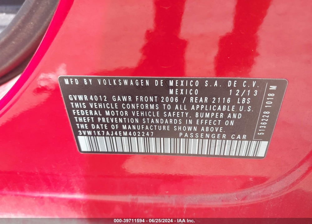 2014 VOLKSWAGEN JETTA 2.0L S VIN: 3VW1K7AJ4EM402247