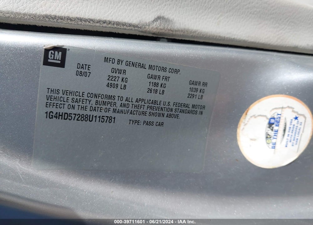 2008 BUICK LUCERNE CXL VIN: 1G4HD57288U115781