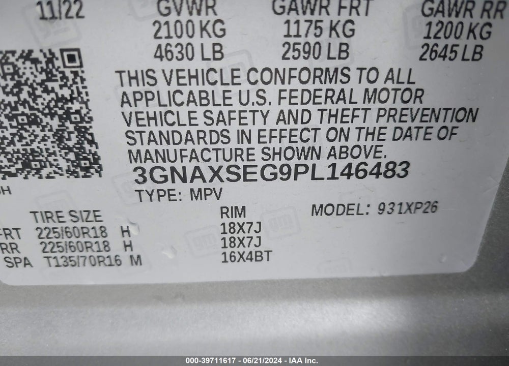 2023 CHEVROLET EQUINOX AWD LS VIN: 3GNAXSEG9PL146483