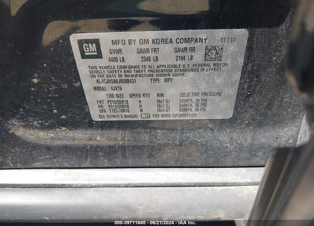 2018 BUICK ENCORE PREMIUM VIN: KL4CJHSB6JB588431