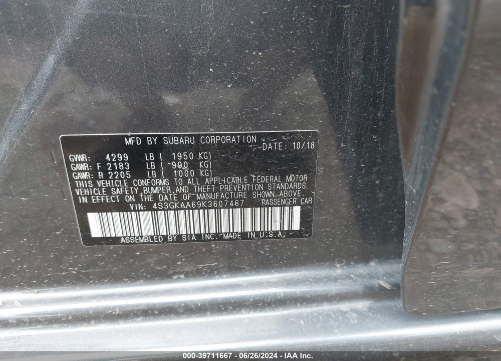 2019 SUBARU IMPREZA 2.0I VIN: 4S3GKAA69K3607467