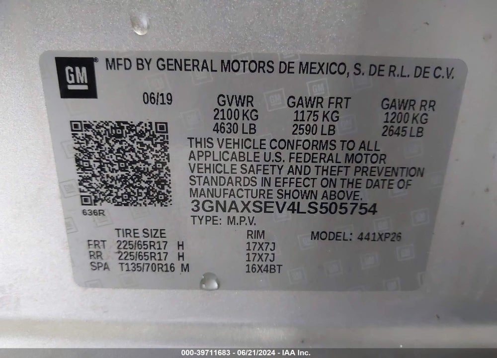 2020 CHEVROLET EQUINOX AWD LS VIN: 3GNAXSEV4LS505754