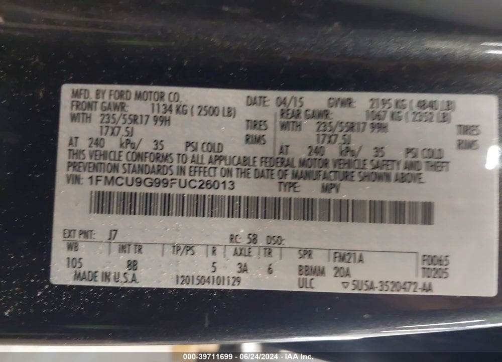 2015 FORD ESCAPE SE VIN: 1FMCU9G99FUC26013