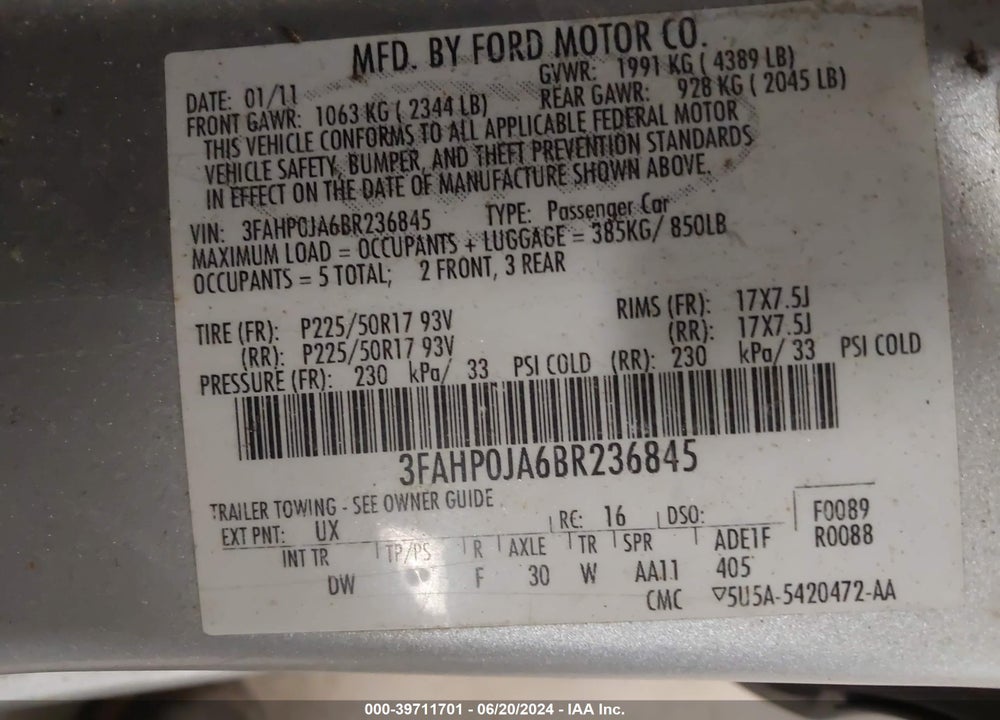 2011 FORD FUSION SEL VIN: 3FAHP0JA6BR236845