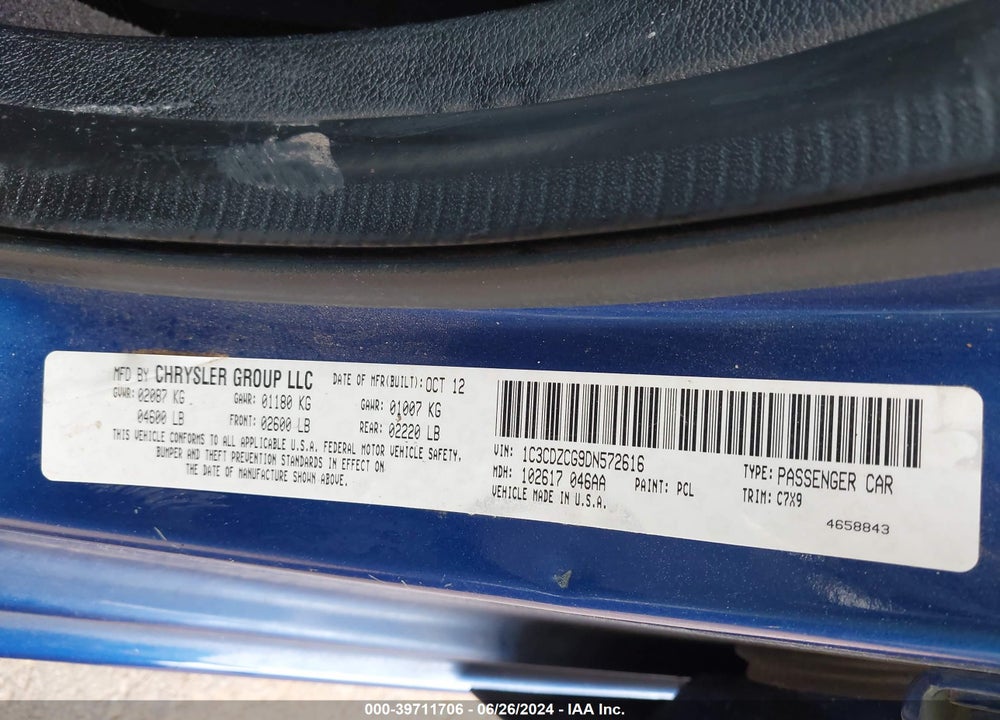 2013 DODGE AVENGER SXT VIN: 1C3CDZCG9DN572616