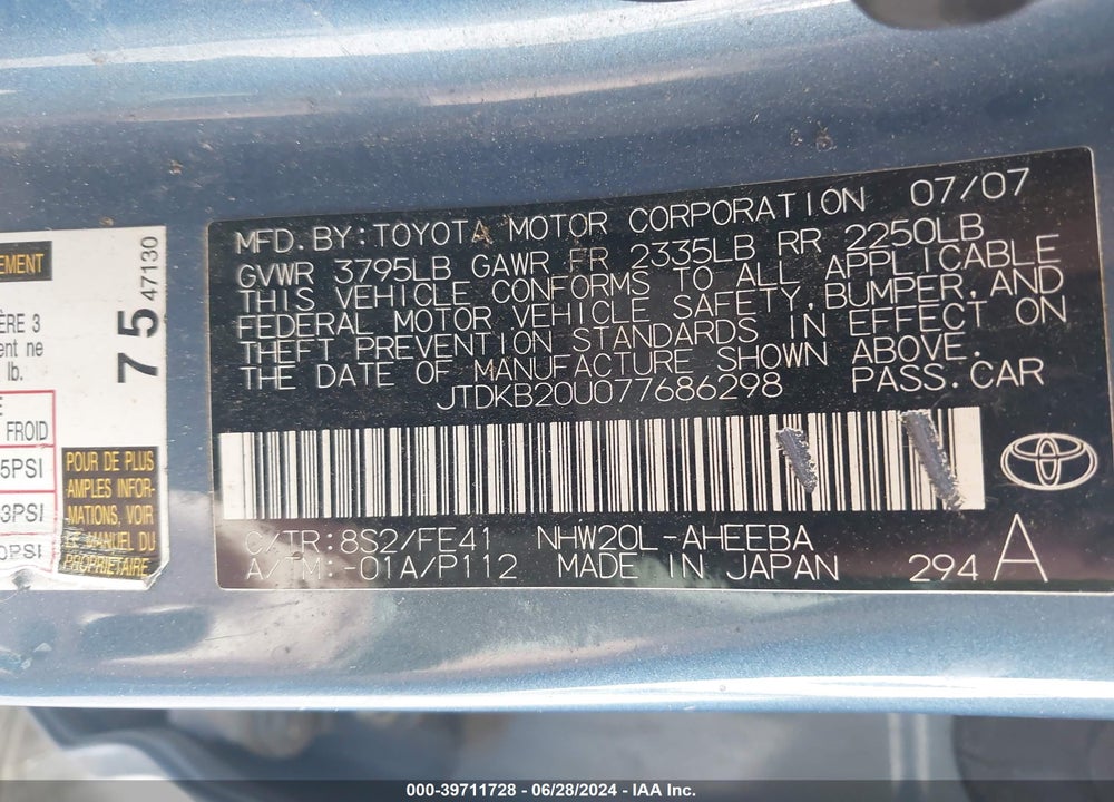 2007 TOYOTA PRIUS VIN: JTDKB20U077686298