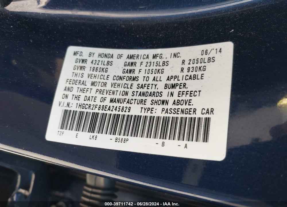 2014 HONDA ACCORD VIN: 1HGCR2F89EA245829