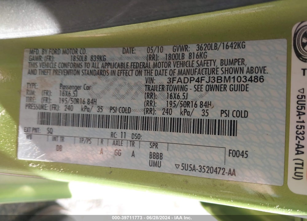 2011 FORD FIESTA SES VIN: 3FADP4FJ3BM103486