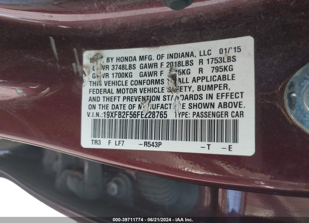 2015 HONDA CIVIC LX VIN: 19XFB2F56FE228765