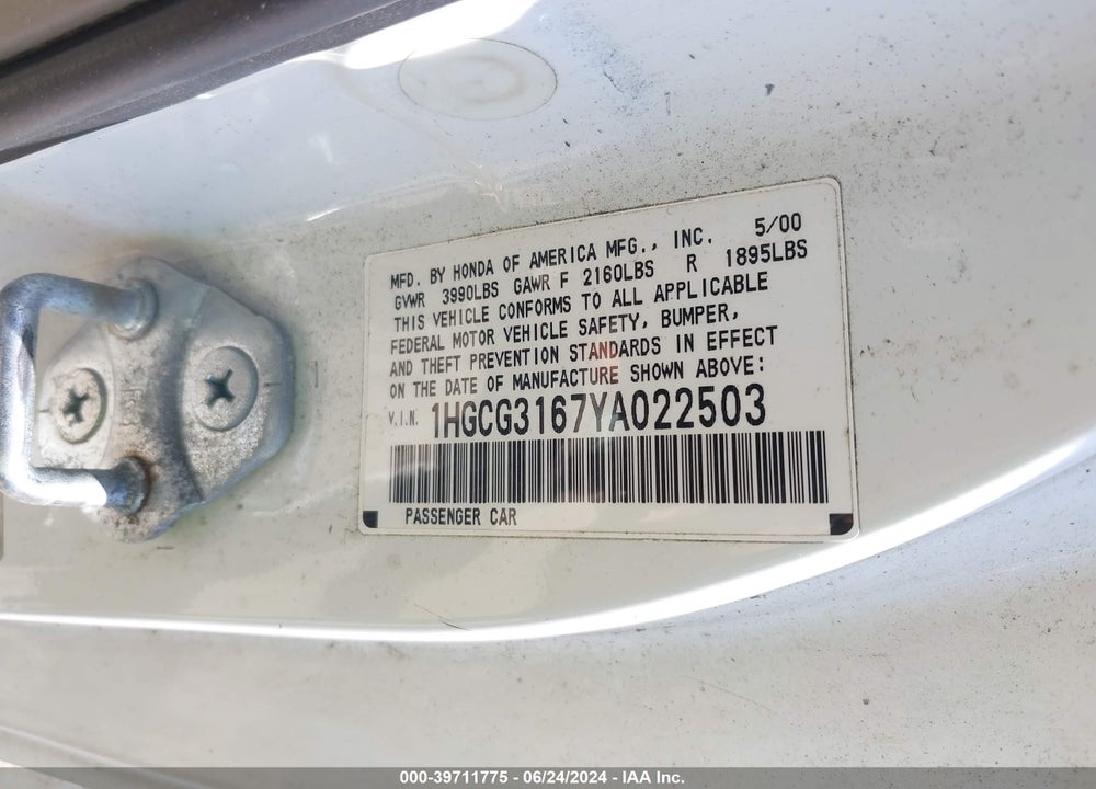 2000 HONDA ACCORD 2.3 EX VIN: 1HGCG3167YA022503