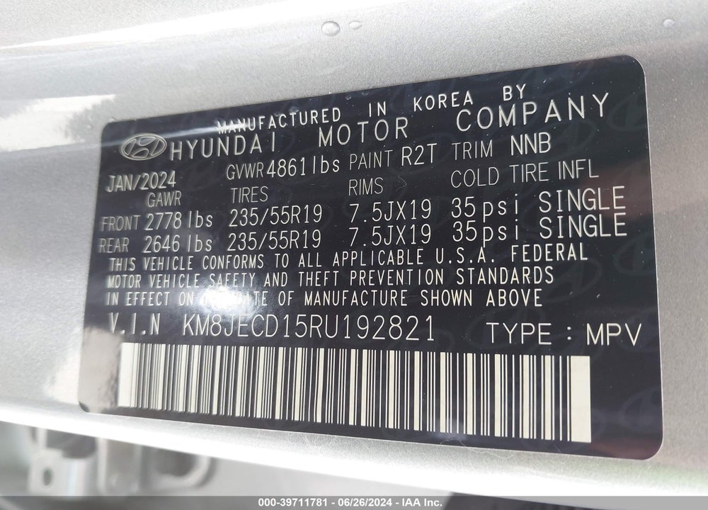 2024 HYUNDAI TUCSON HYBRID LIMITED VIN: KM8JECD15RU192821