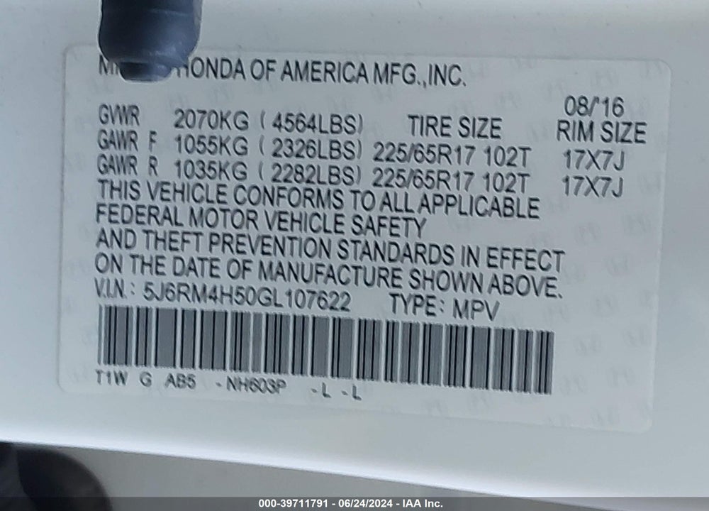 2016 HONDA CR-V EX VIN: 5J6RM4H50GL107622