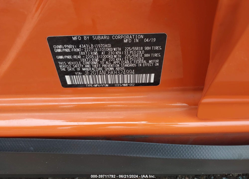 2019 SUBARU CROSSTREK 2.0I LIMITED VIN: JF2GTANC6KH324994