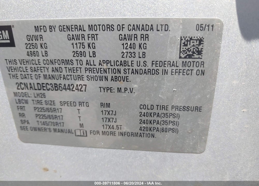 2011 CHEVROLET EQUINOX 1LT VIN: 2CNALDEC3B6442427