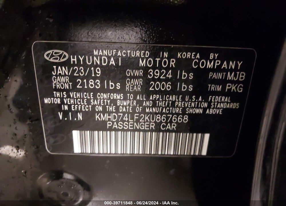 2019 HYUNDAI ELANTRA SE VIN: KMHD74LF2KU867668